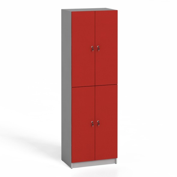 Drevená šatňová skrinka, 4 dvere, cylindrický zámok, sivá / červené