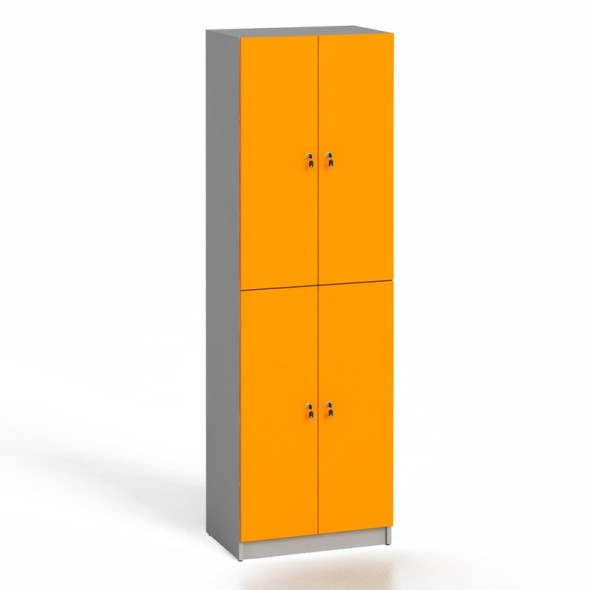 Drevená šatňová skrinka, 4 dvere, cylindrický zámok, sivá / oranžové