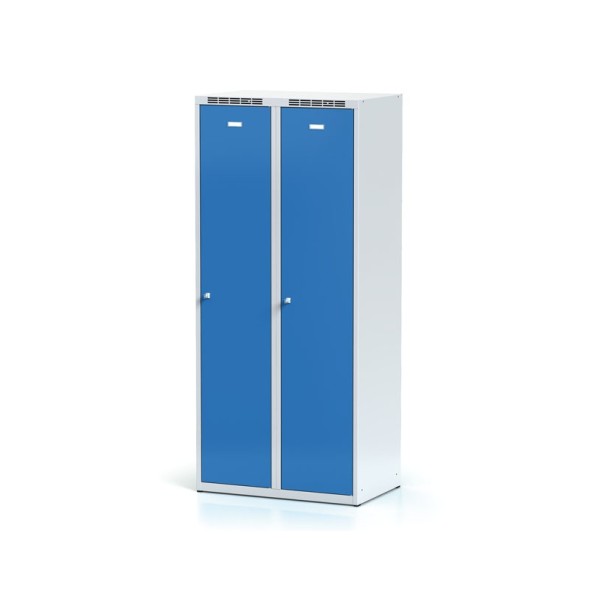 Kovová šatňová skrinka s mezistenou, 2-dverova, modré dvere, otočný zámok