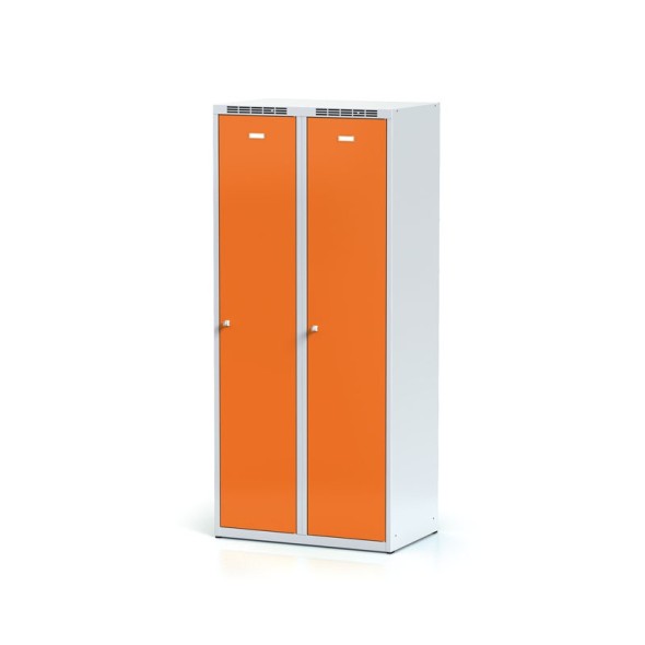 Kovová šatňová skrinka s mezistenou, 2-dverova, oranžové dvere, cylindrický zámok