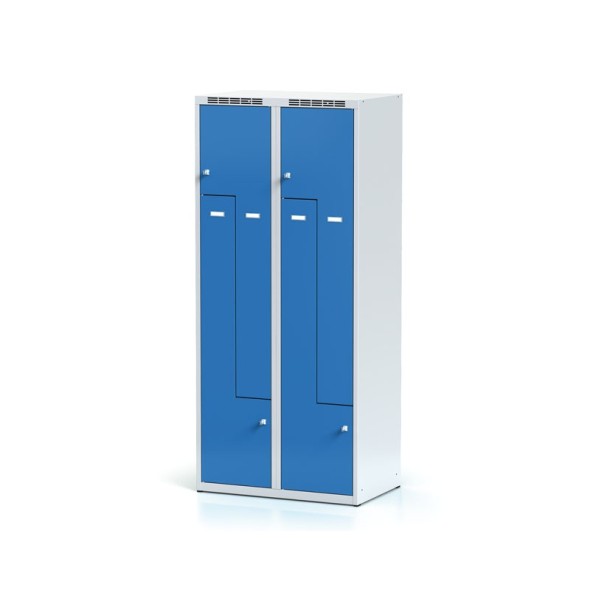 Kovová šatňová skrinka Z, 4 oddiely, modré dvere, otočný zámok