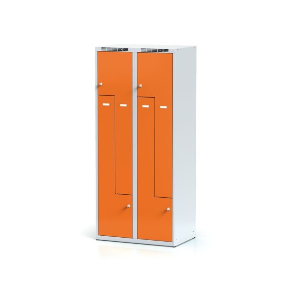 Kovová šatňová skrinka Z, 4 oddiely, oranžové dvere, otočný zámok