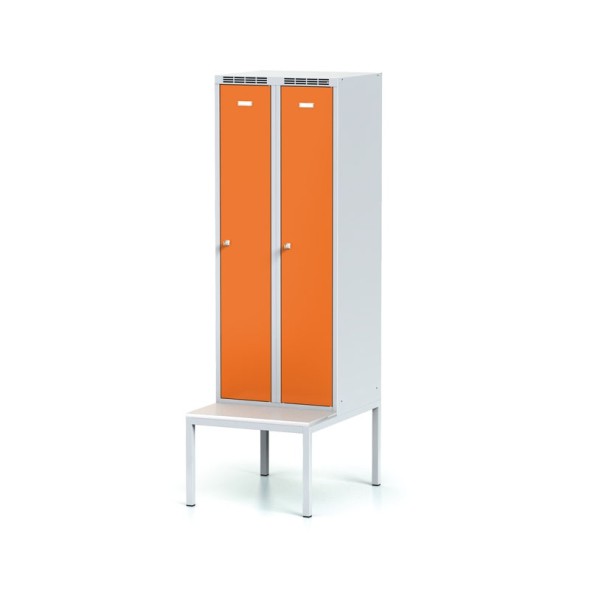 Šatňová skrinka s lavičkou, 2-dverová, oranžové dvere, otočný zámok