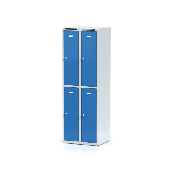 Kovová šatňová skrinka s úložnými boxami, 4 boxy, modré dvere, otočný zámok