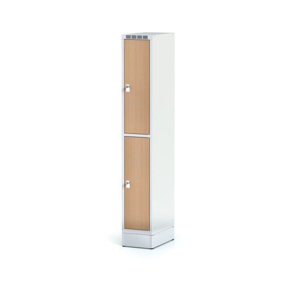 Šatňová skrinka na sokli s úložnými boxami, 2 boxy 300 mm, laminované dvere buk, otočný zámok