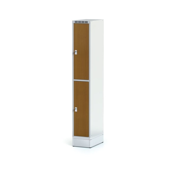 Šatňová skrinka na sokli s úložnými boxami, 2 boxy 300 mm, laminované dvere čerešňa, otočný zámok