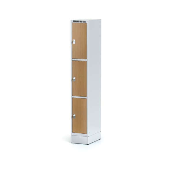 Šatňová skrinka na sokli s úložnými boxami, 3 boxy 300 mm, laminované dvere buk, otočný zámok