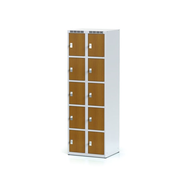 Šatňová skrinka s úložnými boxami, 10 boxov 300 mm, laminované dvere čerešňa, otočný zámok