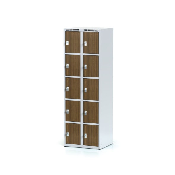Šatňová skrinka s úložnými boxami, 10 boxov 300 mm, laminované dvere orech, otočný zámok