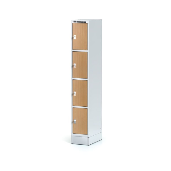 Šatňová skrinka na sokli s úložnými boxami, 4 boxy 300 mm, laminované dvere buk, otočný zámok