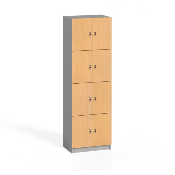Drevená šatníková skrinka s úložnými boxami, 8 boxov, 2x4, sivá / buk