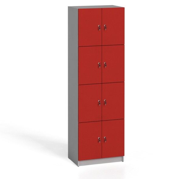 Drevená šatníková skrinka s úložnými boxami, 8 boxov, 2x4, sivá / červené