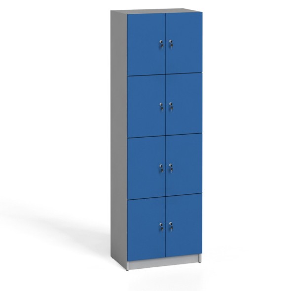Drevená šatníková skrinka s úložnými boxami, 8 boxov, 2x4, sivá / modré