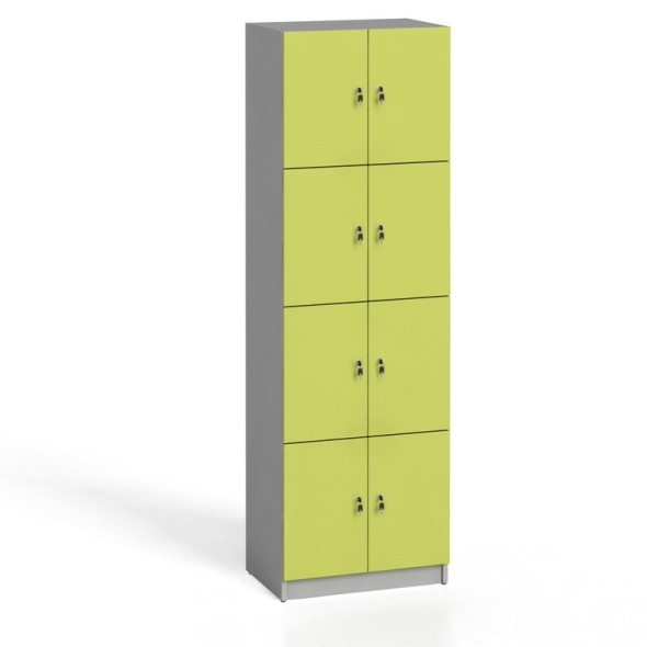 Drevená šatníková skrinka s úložnými boxami, 8 boxov, 2x4, sivá / zelené
