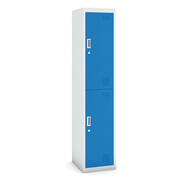 Šatňová skrinka s úložnými boxami, dvojdverová, cylindrický zámok, 1800 x 380 x 450 mm, sivá/modrá