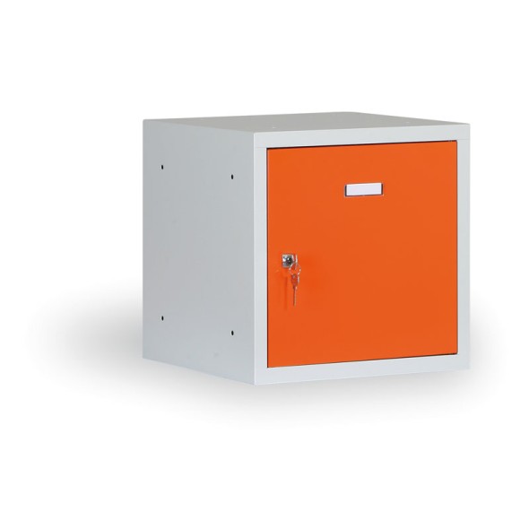 Šatňová skrinka s uzamykateľným boxom 400x400x400 mm, oranžové dvere, cylindrický zámok, 3+1 ZADARMO