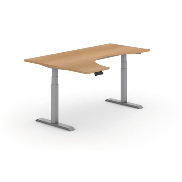 Výškovo nastaviteľný stôl PRIMO ADAPT, elektrický, 1800x1200x625-1275 mm, ergonomický ľavý, buk, sivá podnož