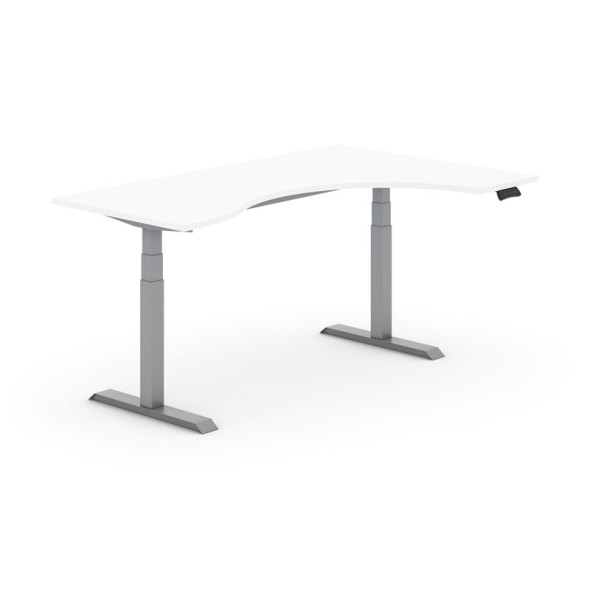 Výškovo nastaviteľný stôl PRIMO ADAPT, elektrický, 1800x1200x625-1275 mm, ergonomický pravý, biela, sivá podnož