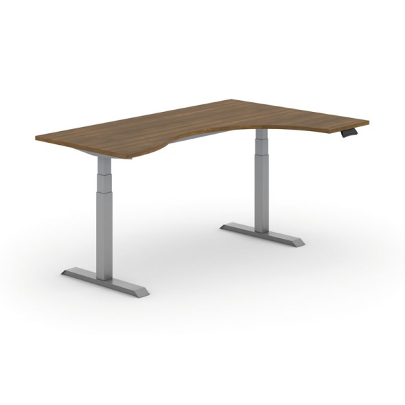 Výškovo nastaviteľný stôl PRIMO ADAPT, elektrický, 1800x1200x625-1275 mm, ergonomický pravý, orech, sivá podnož