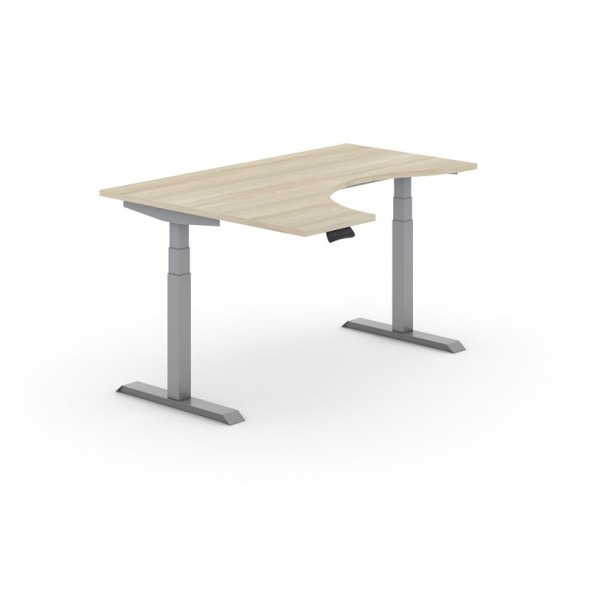 Výškovo nastaviteľný stôl PRIMO ADAPT, elektrický, 1600x1200x625-1275 mm, ergonomický ľavý, dub, sivá podnož