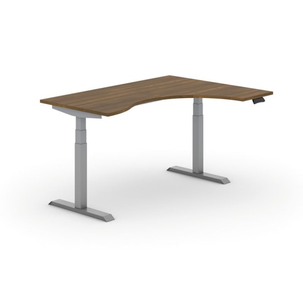 Výškovo nastaviteľný stôl PRIMO ADAPT, elektrický, 1600x1200x625-1275 mm, ergonomický pravý, orech, sivá podnož