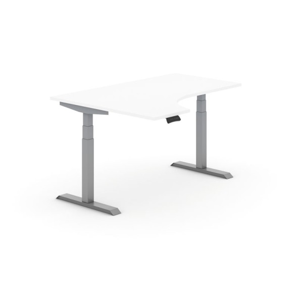 Výškovo nastaviteľný stôl PRIMO ADAPT, elektrický, 1600x1200X625-1275 mm, ergonomický ľavý, biela, sivá podnož