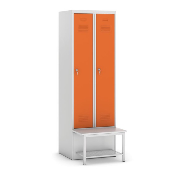 Šatňová skrinka s lavičkou a policou, oranžové dvere, otočný zámok