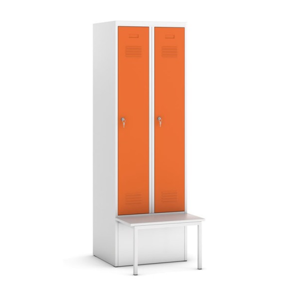 Šatňová skrinka s lavičkou, oranžové dvere, otočný zámok