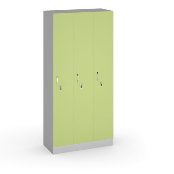 Drevená šatňová skrinka, 3 dvere, 1900 x 900 x 420 mm, zelená/oranžová
