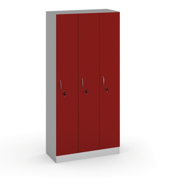 Drevená šatňová skrinka, 3 dvere, 1900 x 900 x 420 mm, sivá/červená