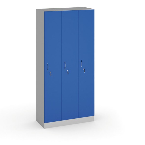 Drevená šatňová skrinka, 3 dvere, 1900 x 900 x 420 mm, sivá/modrá