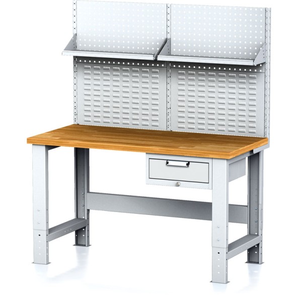 Dielenský stôl MECHANIC s nadstavbou a policou, 1500x700x700-1055 mm, nastaviteľné podnožie, 1x 1 zásuvkový kontejner, sivý/sivý