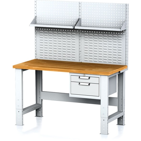Dielenský stôl MECHANIC s nadstavbou a policou, 1500x700x700-1055 mm, nastaviteľné podnožie, 1x 2 zásuvkový kontejner, sivý/sivý