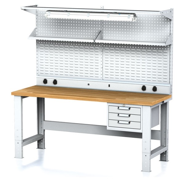 Dielenský stôl MECHANIC s nadstavbou a policou, el. zásuvkami, osvetlením, 2000x700x700-1055 mm, 1x 3 zásuvkový kontejner, sivý/sivý