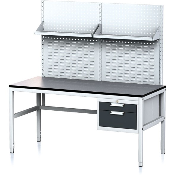Dielenský stôl MECHANIC II s perfopanelom a policami, 1600x700x745-985 mm, 2 zásuvkový kontajner, sivá/antracit