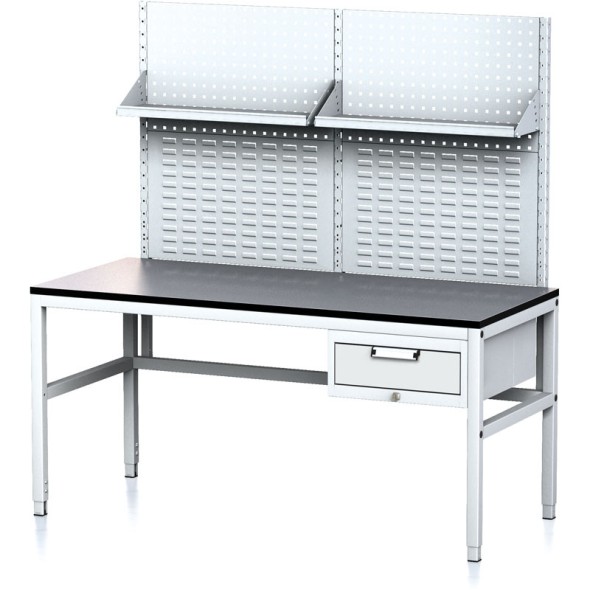 Dielenský stôl MECHANIC II s perfopanelom a policami, 1600x700x745-985 mm, 1 zásuvkový kontajner, sivá/sivá