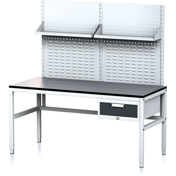 Dielenský stôl MECHANIC II s perfopanelom a policami, 1600x700x745-985 mm, 1 zásuvkový kontajner, sivá/antracit