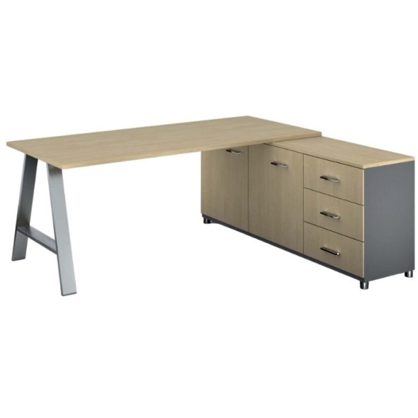 Kancelársky pracovný stôl PRIMO STUDIO so skrinkou vpravo, doska 1800x800 mm, sivá / breza
