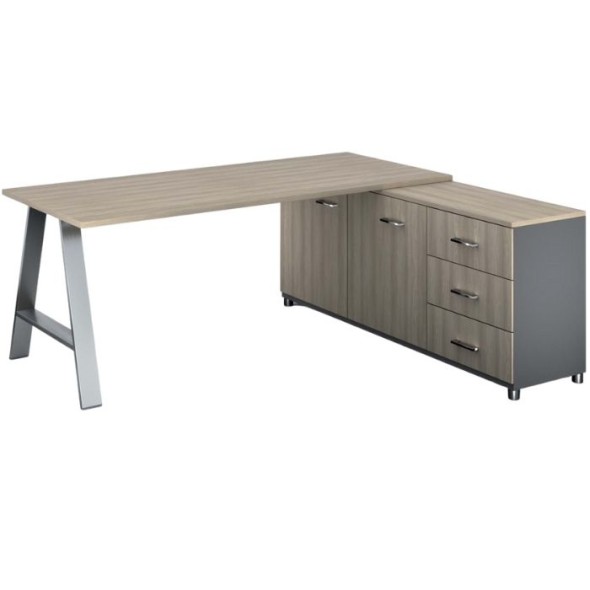 Kancelársky pracovný stôl PRIMO STUDIO so skrinkou vpravo, doska 1800x800 mm, biela / dub prírodný