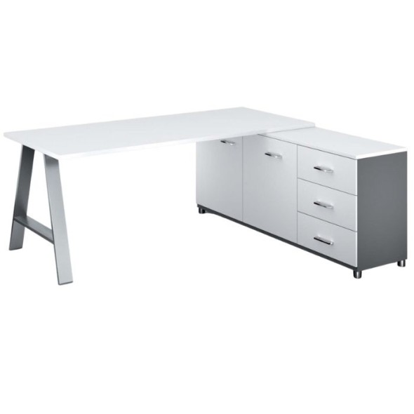 Kancelársky pracovný stôl PRIMO STUDIO so skrinkou vpravo, doska 1800x800 mm, biela