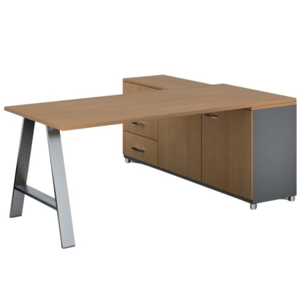 Kancelársky pracovný stôl PRIMO STUDIO so skrinkou vľavo, doska 1800x800 mm, sivá / buk