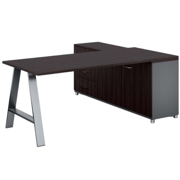 Kancelársky pracovný stôl PRIMO STUDIO so skrinkou vľavo, doska 1800x800 mm, sivá / wenge