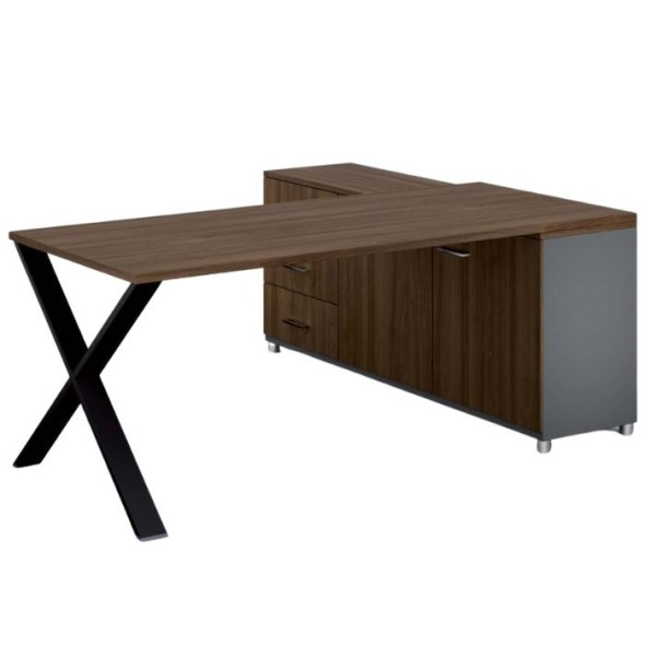 Kancelársky pracovný stôl PRIMO PROTEST so skrinkou vľavo, doska 1800x800 mm, sivá / orech
