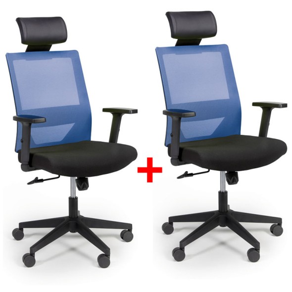 Kancelárska stolička so sieťovaným operadlom WOLF, nastaviteľné podrúčky, plastový kríž, 1 + 1 ZADARMO, modrá