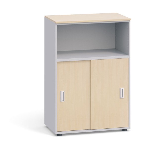 Kancelárska skriňa kombinovaná, zasúvacie dvere, 1087x800x420 mm, sivá / breza