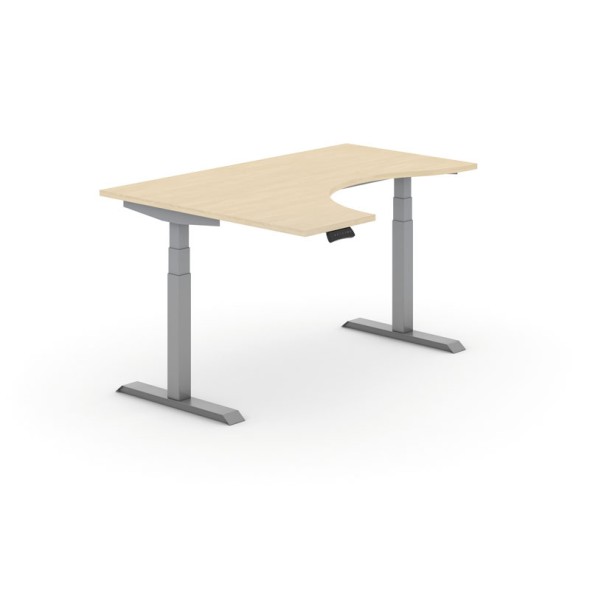 Výškovo nastaviteľný stôl PRIMO ADAPT, elektrický, 1600x1200x625-1275 mm, ergonomický ľavý, breza, sivá podnož