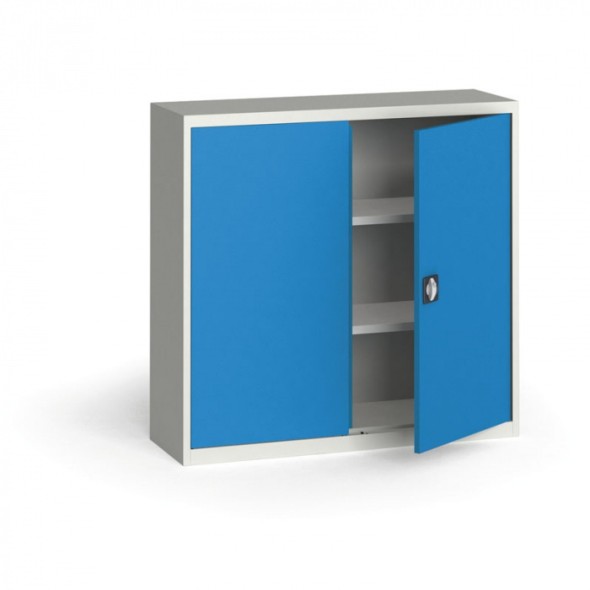 Plechová policová skriňa, 1150 x 1200 x 400 mm, 2 police, sivá / modrá