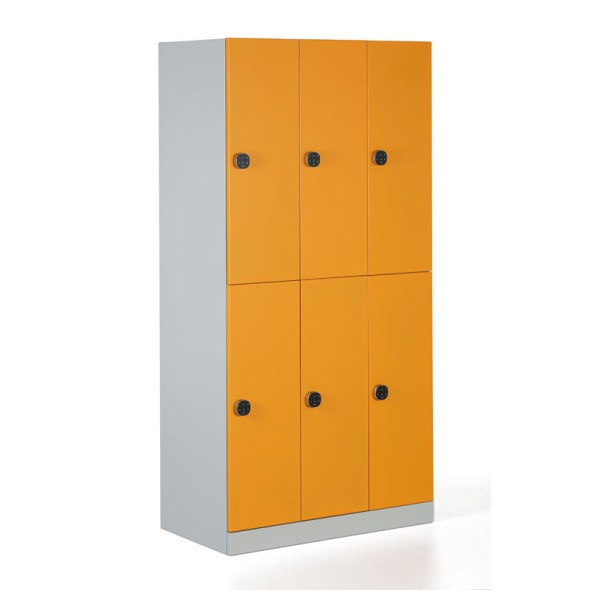 Kovová šatňová skrinka s úložnými boxmi, demontovaná, oranžové dvere, kódový zámok