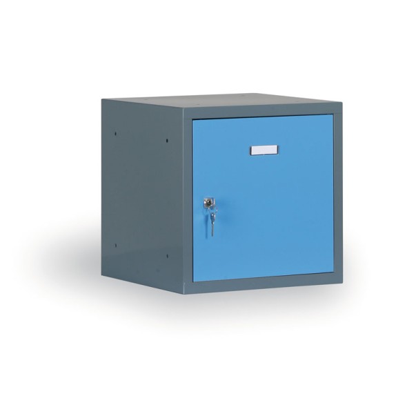 Šatníková skriňa s uzamykateľným boxom 400x400x400 mm, tmavosivý korpus, modré dvere, cylindrický zámok
