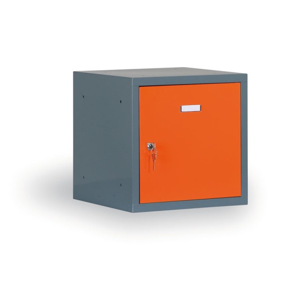 Šatníková skriňa s uzamykateľným boxom 400x400x400 mm, tmavosivý korpus, oranžové dvere, cylindrický zámok